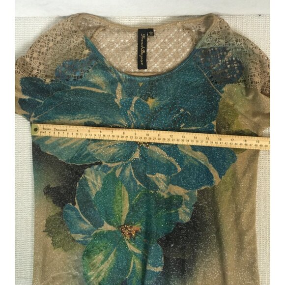 French Bazaar Top Women Size L Tan Blue Sequins Crochet Shoulders Long Sleeves - Picture 9 of 13